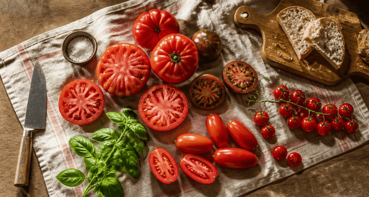 Recette avec tomates, variétés fraîches sur table