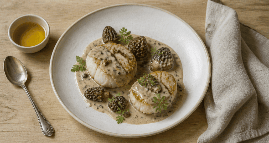 recette de lotte raffinée, sauce morilles, assiette gourmande