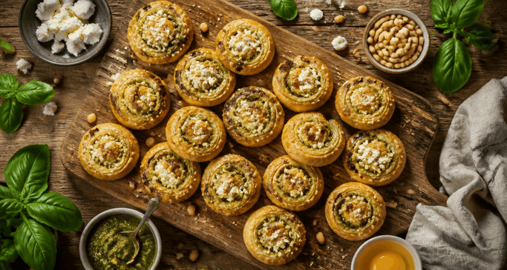 recette feuilleté salé mini roulés pesto chèvre