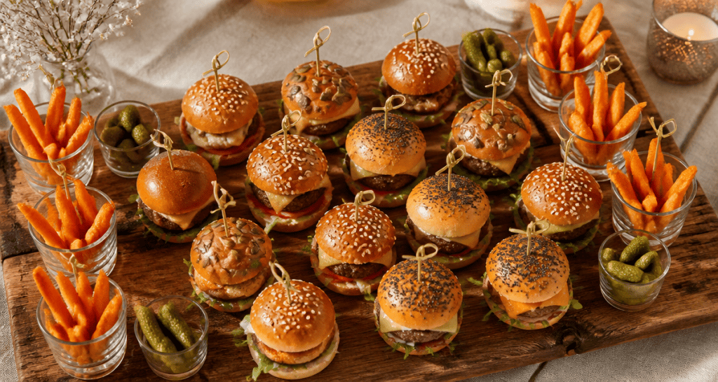 recette mini burger apéro sur planche en bois