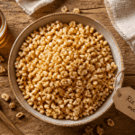 Bol de riz soufflé maison doré sur table rustique