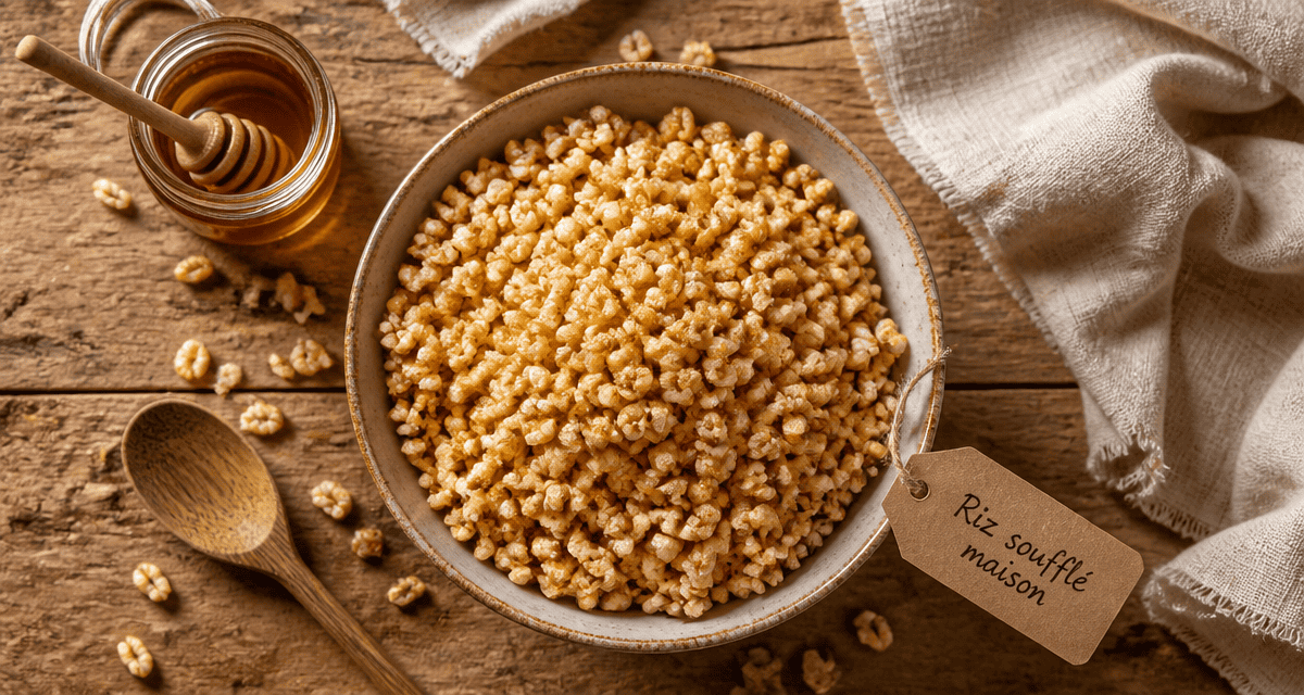 Bol de riz soufflé maison doré sur table rustique