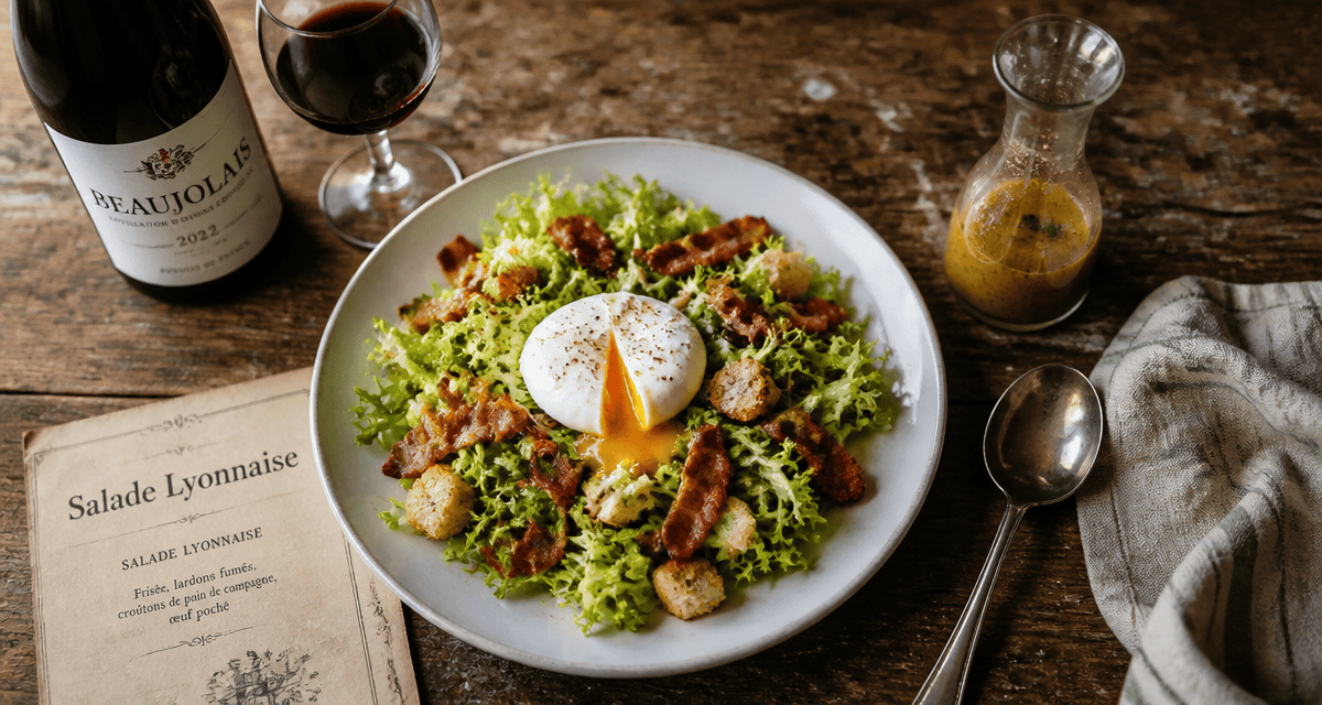 Salade lyonnaise avec œuf poché et croûtons dorés