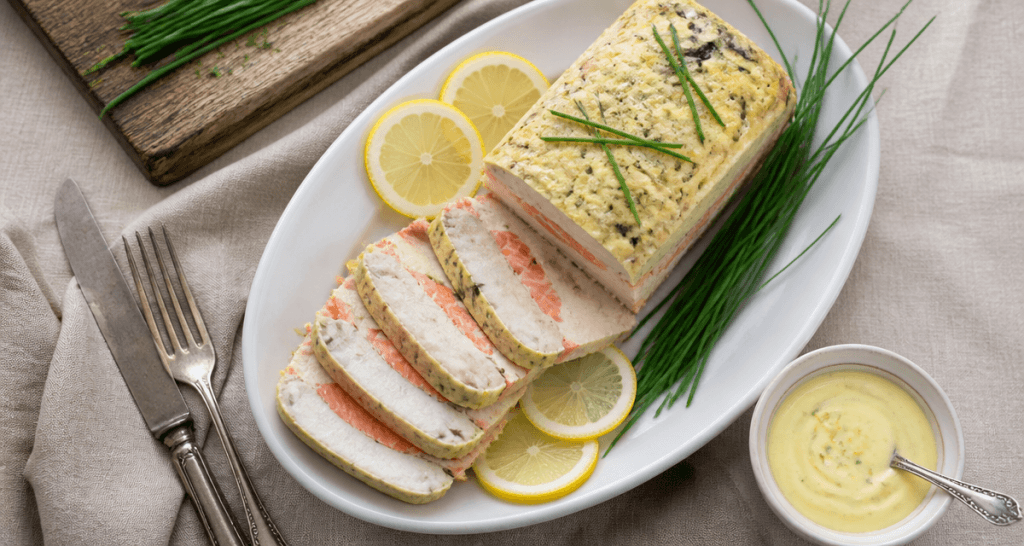 Terrine de poisson saumon cabillaud tranchée sur plat avec citron et ciboulette