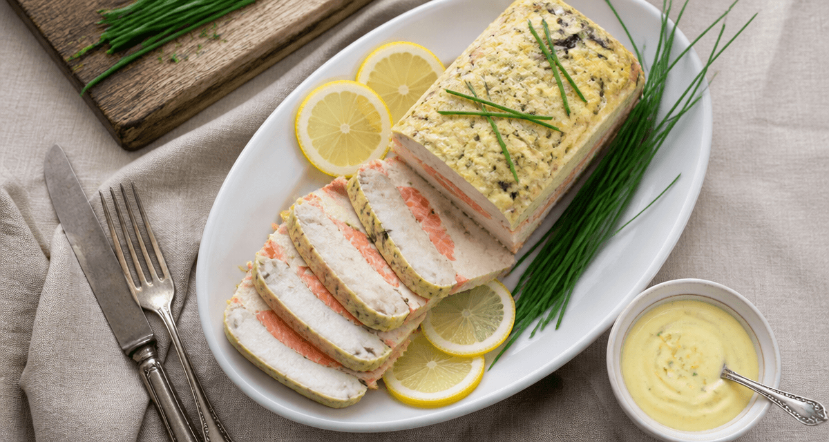 Terrine de poisson saumon cabillaud tranchée sur plat avec citron et ciboulette
