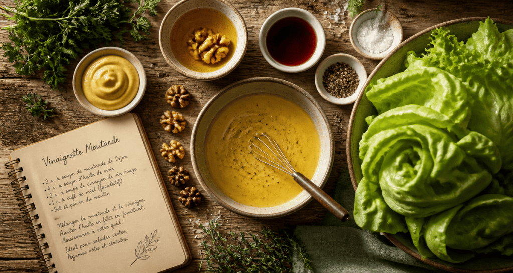 Bol de vinaigrette moutarde avec ingrédients