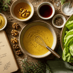 Bol de vinaigrette moutarde avec ingrédients