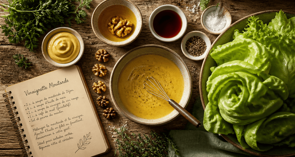 Bol de vinaigrette moutarde avec ingrédients