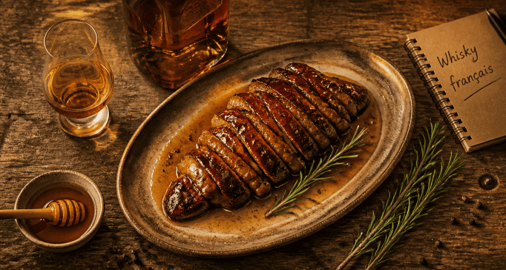 magret de canard au whisky francais sur table rustique