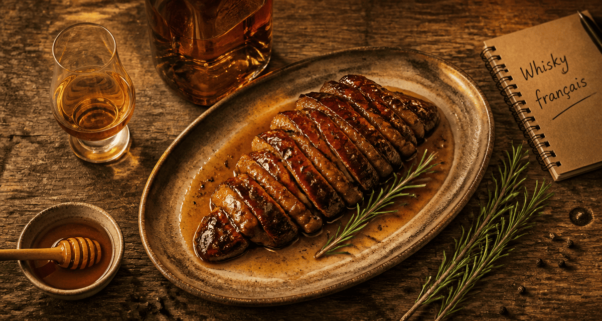 magret de canard au whisky francais sur table rustique