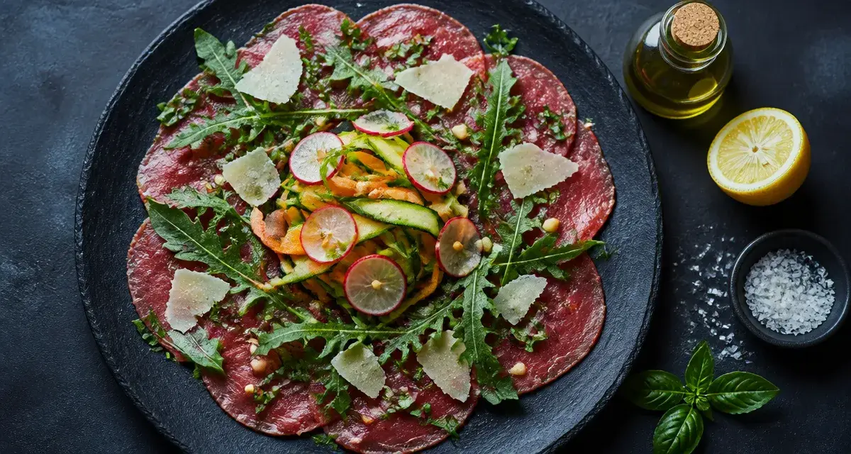 Accompagnement carpaccio de boeuf : tranches fines, roquette, Pecorino