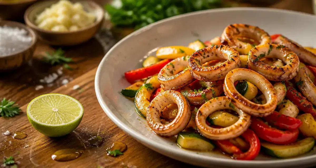 Accompagnement encornets : encornets grillés plancha et légumes, huile d’olive