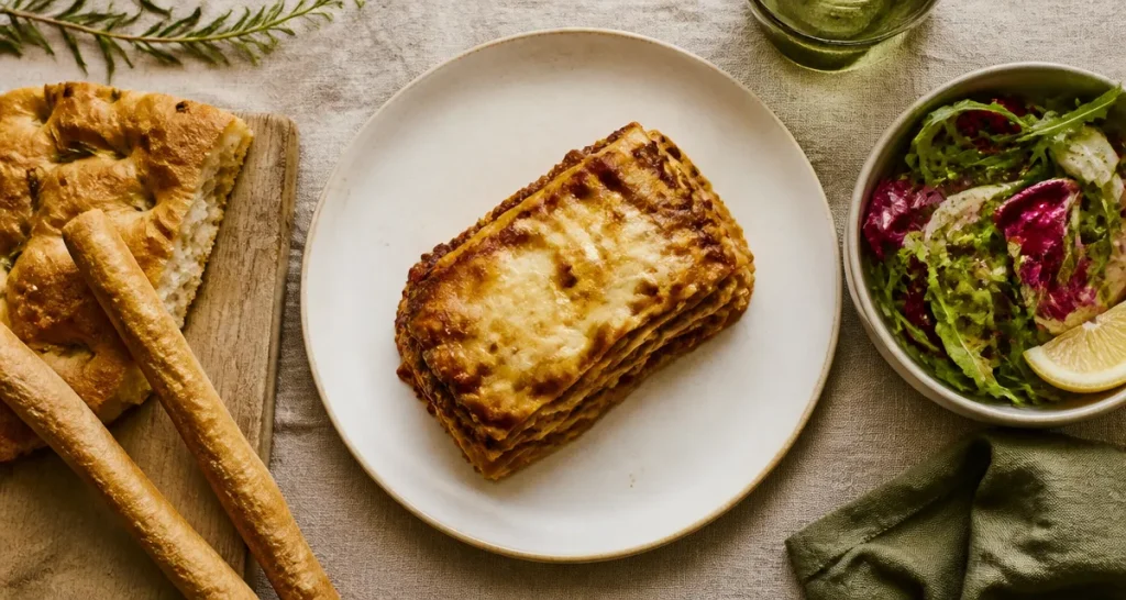 Accompagnement pour lasagne : part de lasagne, salade roquette, gressins et focaccia au romarin