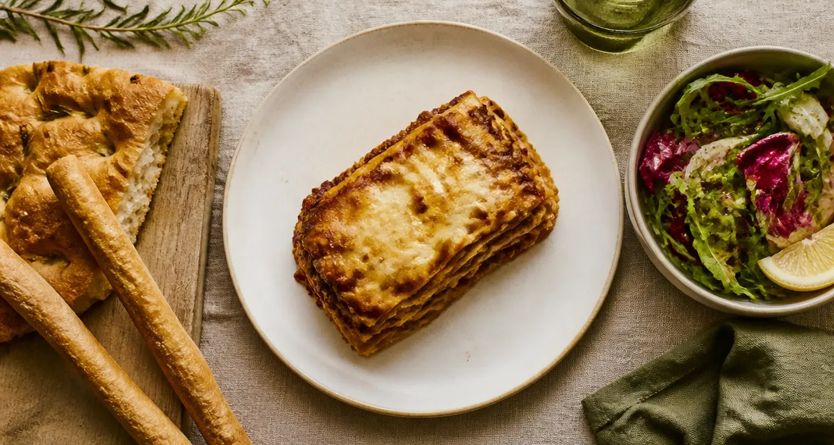 Accompagnement pour lasagne : part de lasagne, salade roquette, gressins et focaccia au romarin
