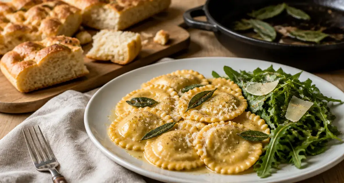 Accompagnement ravioli : raviolis frais au beurre à la sauge et roquette