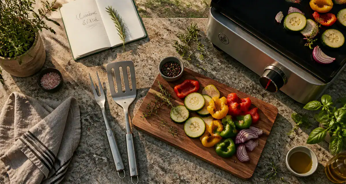 Barbecue cuisine extérieure ustensiles granit légumes