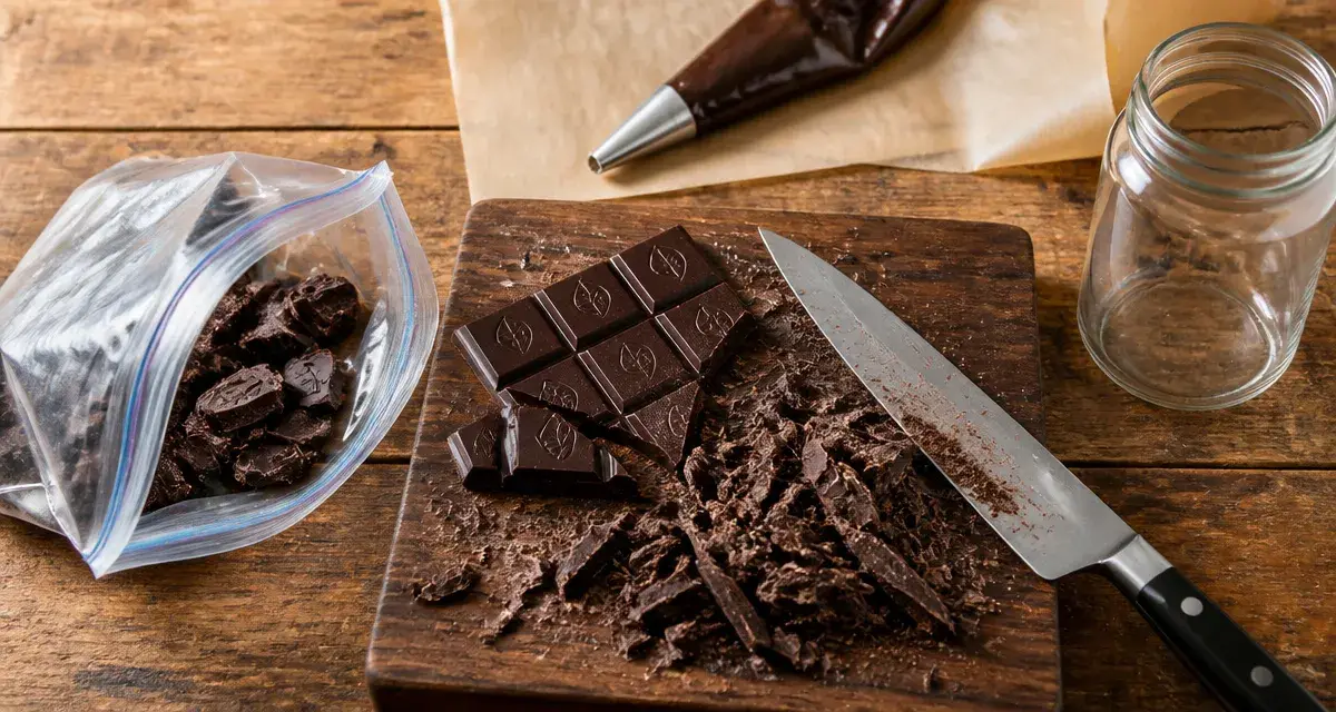 Comment casser une tablette de chocolat en pepites : tablette brisée en éclats sur planche bois avec couteau