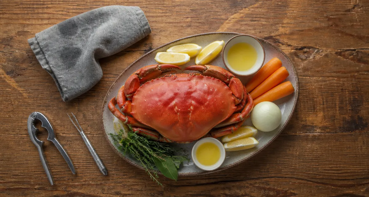 Cuisson des crabes, tourteau cuit sur table rustique