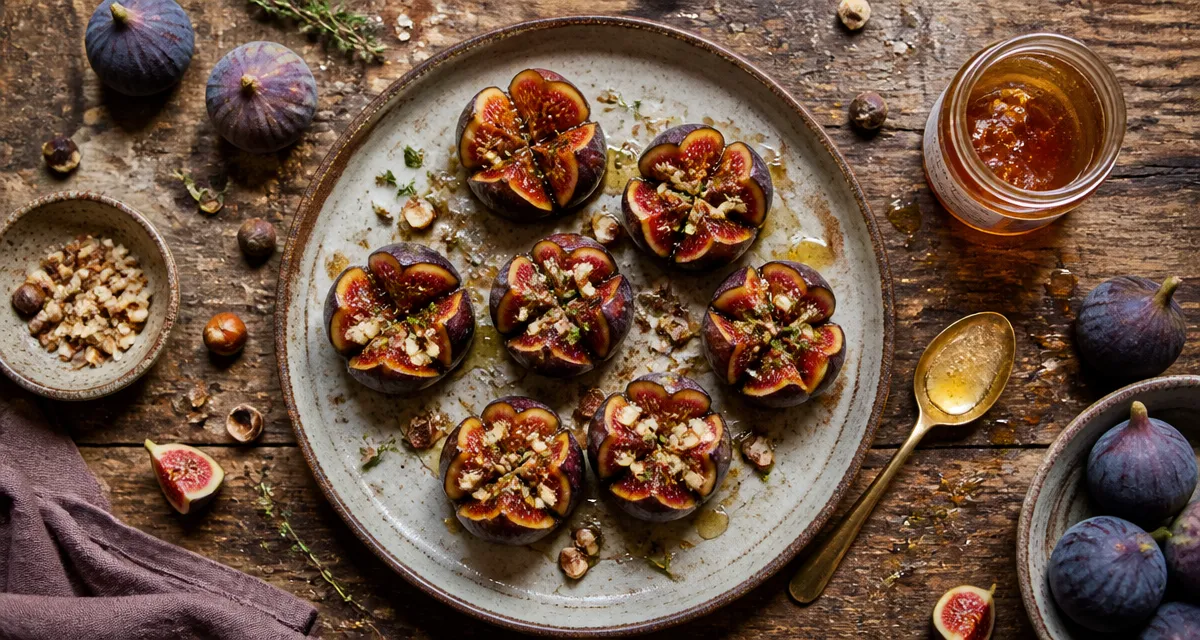 dessert au figues fraiches rôties miel noisettes