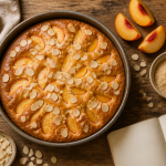 desserts pêches gâteau moelleux et amandes sur table