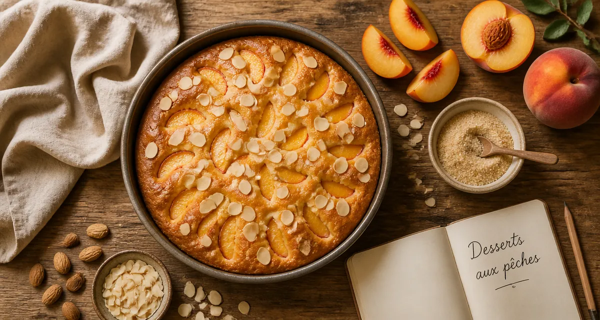 desserts pêches gâteau moelleux et amandes sur table