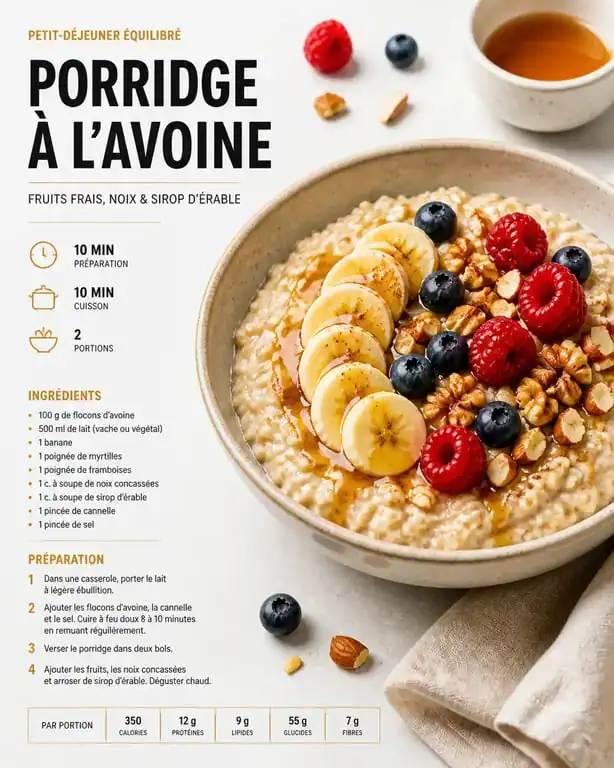 Bol de porridge maison garni de fruits et noix, une recette de porridge onctueuse et saine pour le petit-déjeuner.
