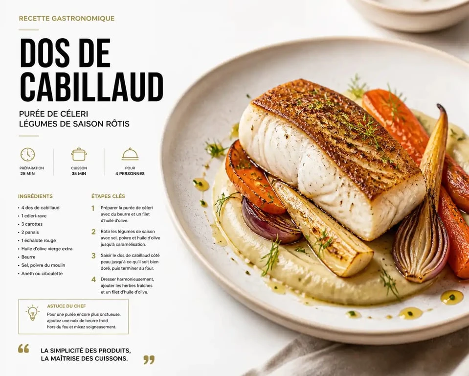 Dos de cabillaud rôti et son accompagnement de légumes de saison pour un repas équilibré