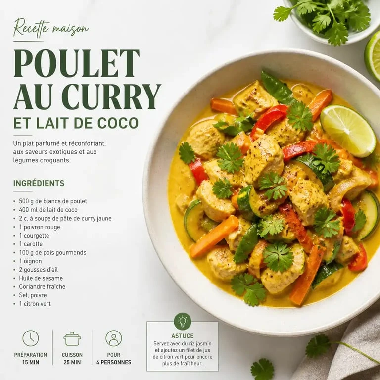 Plat de poulet au curry et lait de coco, une recette savoureuse à base de poulet