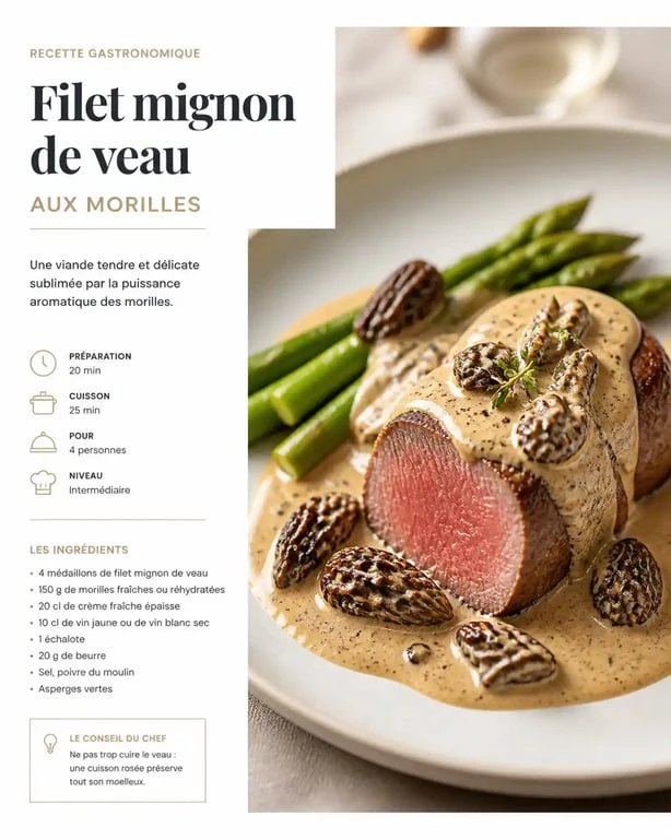 Filet mignon de veau gastronomique aux morilles et vin jaune dressé sur une assiette élégante