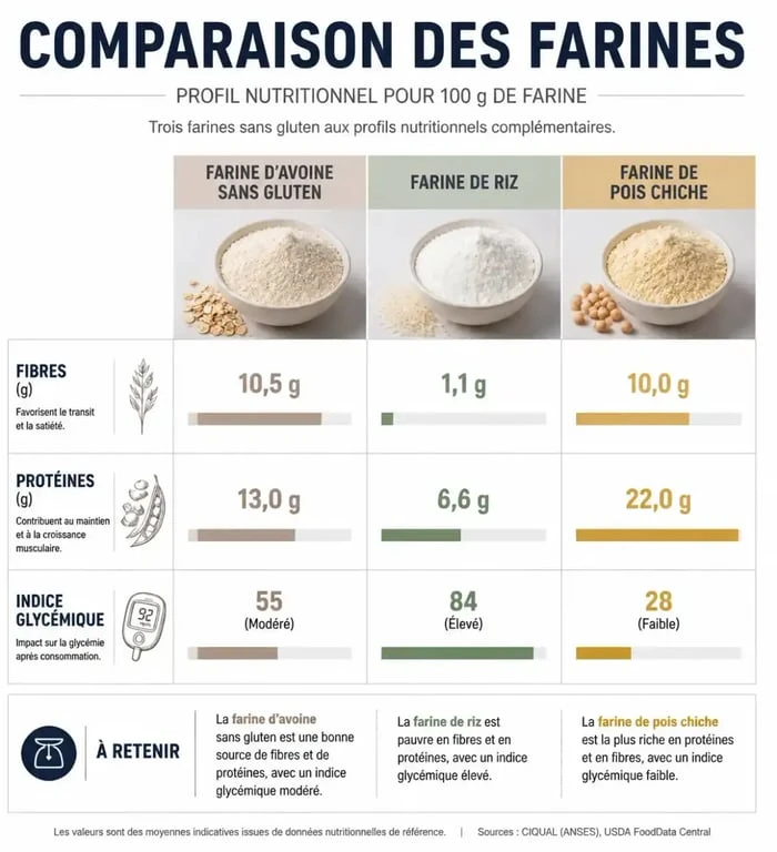 Infographie comparative des apports nutritionnels de la farine d'avoine sans gluten par rapport aux autres farines