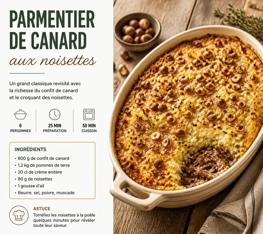 Parmentier de canard aux noisettes, recette pour 10 personnes servie dans un plat à gratin