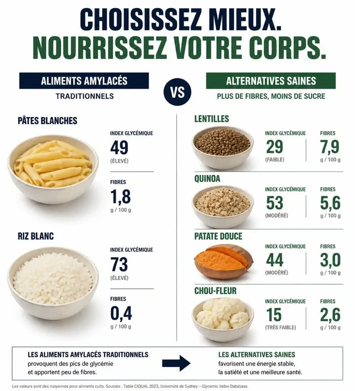 Infographie comparative des alternatives aux féculents pour une alimentation équilibrée