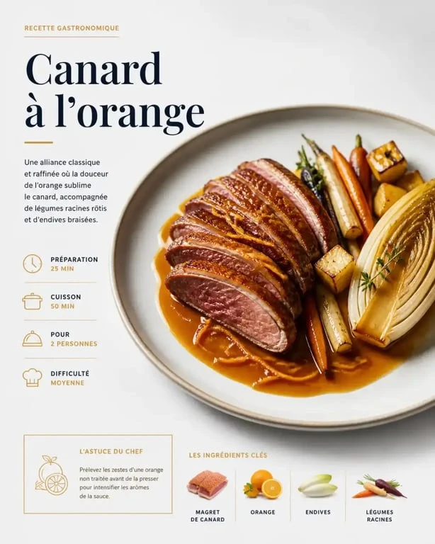 Assiette de canard à l'orange avec son accompagnement de légumes racines et endives braisées