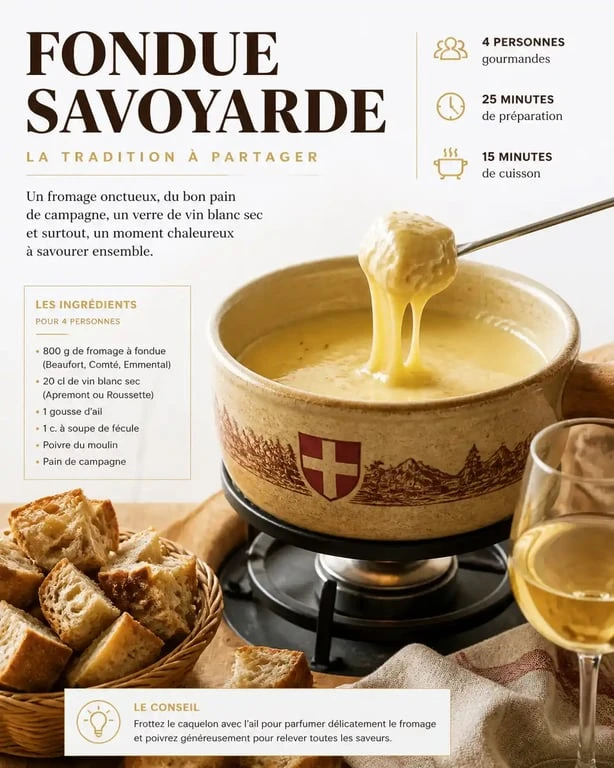 Fondue savoyarde traditionnelle avec vin blanc pour 1kg de fromage