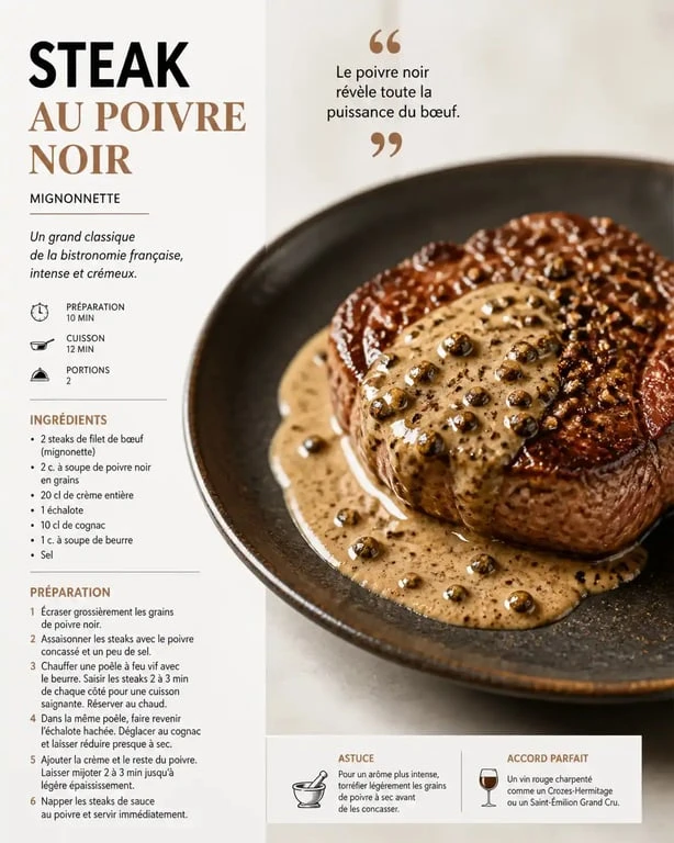 Steak au poivre noir en grain préparé avec une sauce onctueuse et des grains concassés