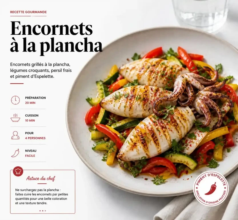 Assiette d'encornets grillés à la plancha avec accompagnement de légumes croquants