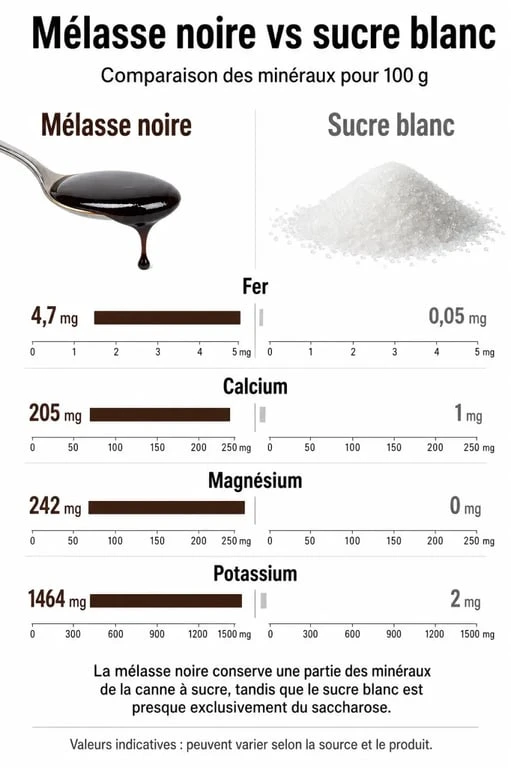 Infographie comparative des valeurs nutritionnelles de la mélasse noire et du sucre blanc