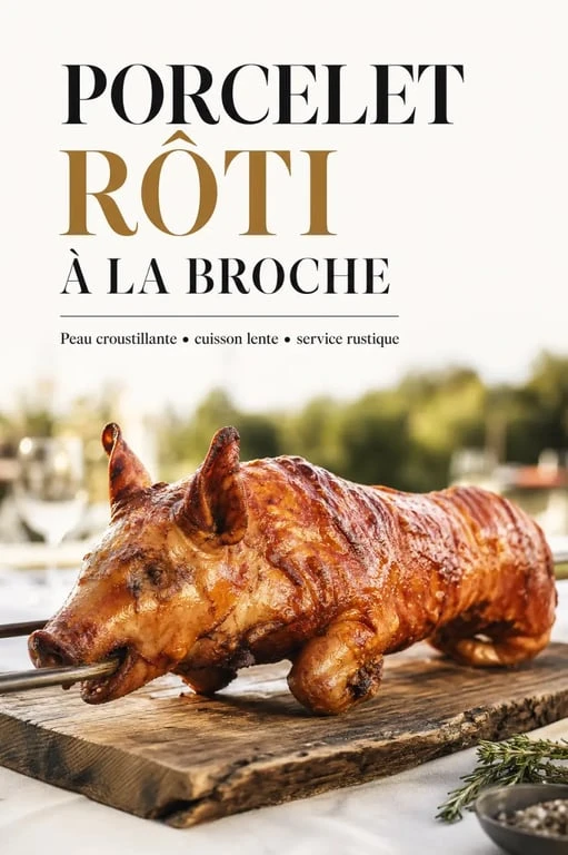 Porcelet à la broche rôti et croustillant prêt à être découpé pour un repas festif