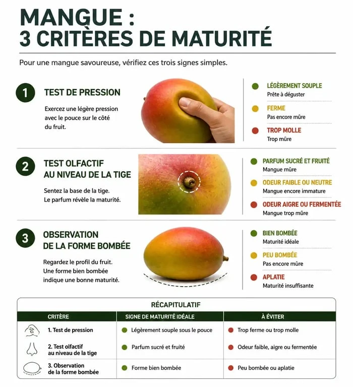 Infographie illustrant comment choisir une mangue mûre selon les critères de pression, d'odeur et de forme.