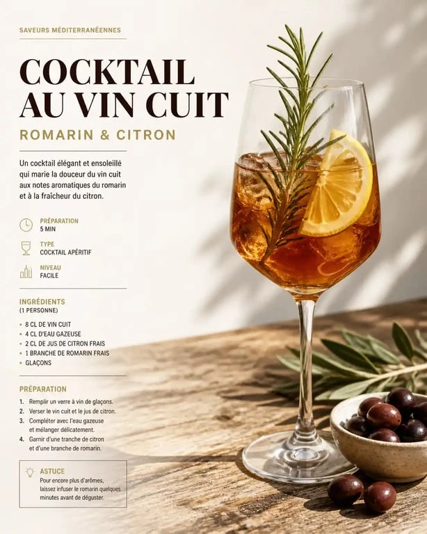 Cocktail Le Provençal à base de vin cuit français servi à l'apéritif avec romarin et olives.