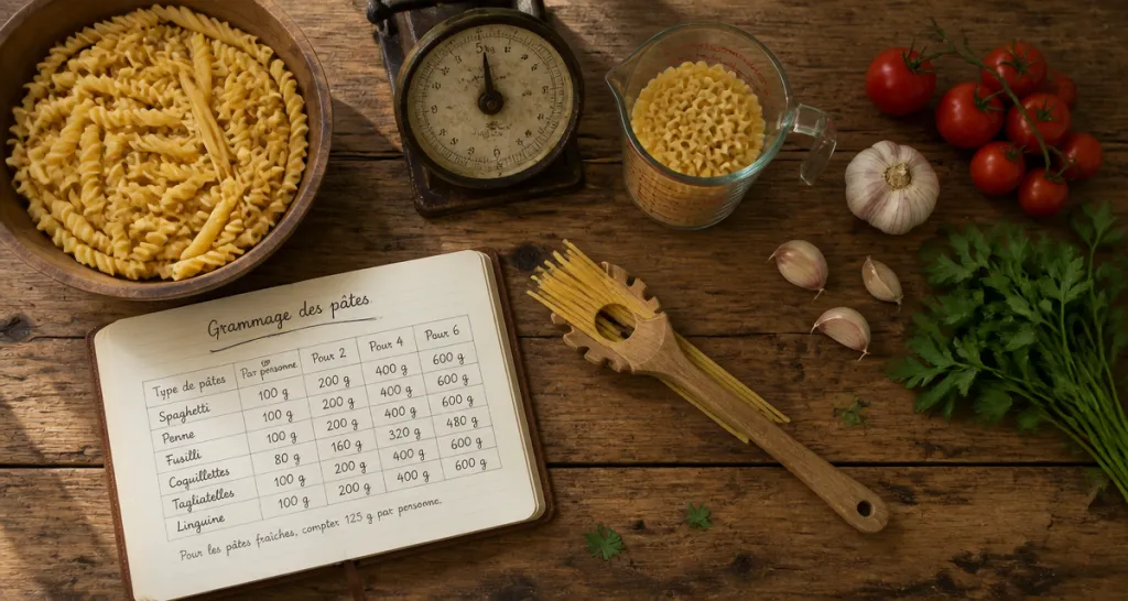 grammage pate par personne sur table avec balance et carnet