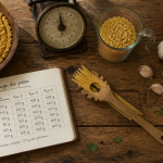 grammage pate par personne sur table avec balance et carnet
