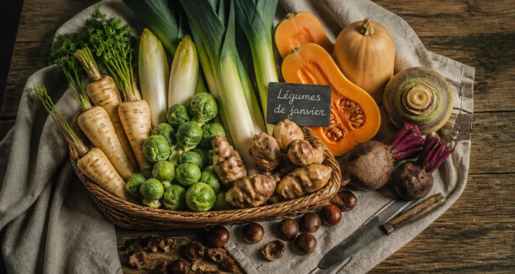 légumes de saison janvier sur table rustique