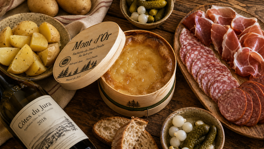 Mont d Or charcuterie : boîte chaude et charcuterie jurassienne sur plateau