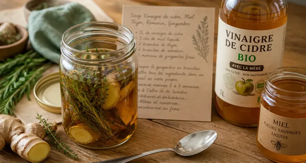 Oxymel recette maison : miel, vinaigre de cidre et plantes