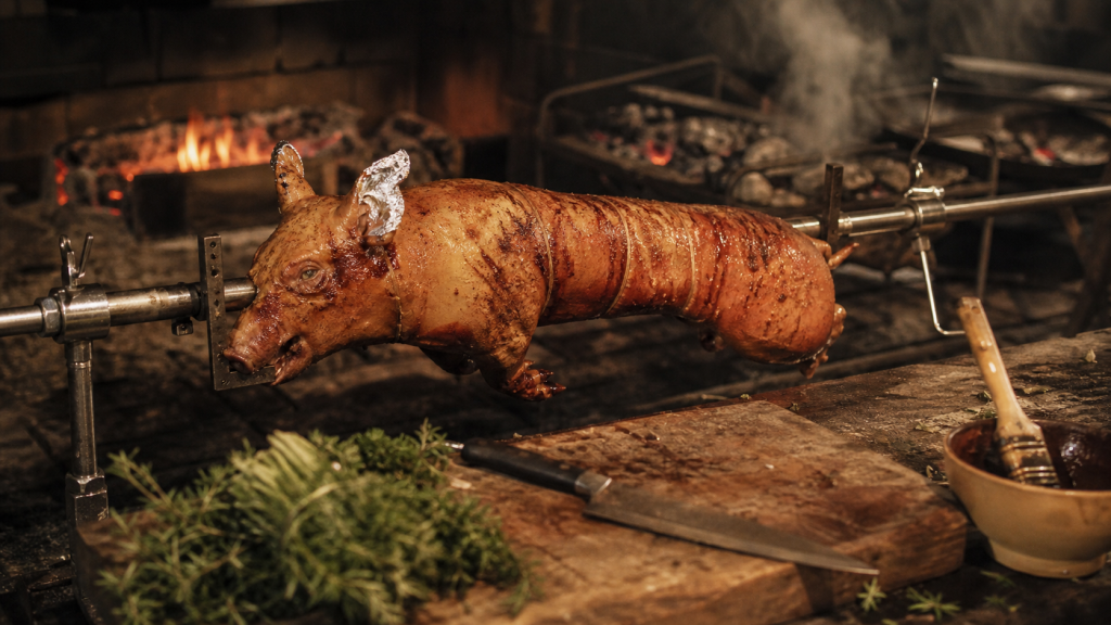 Porcelet a la broche, peau dorée et croustillante