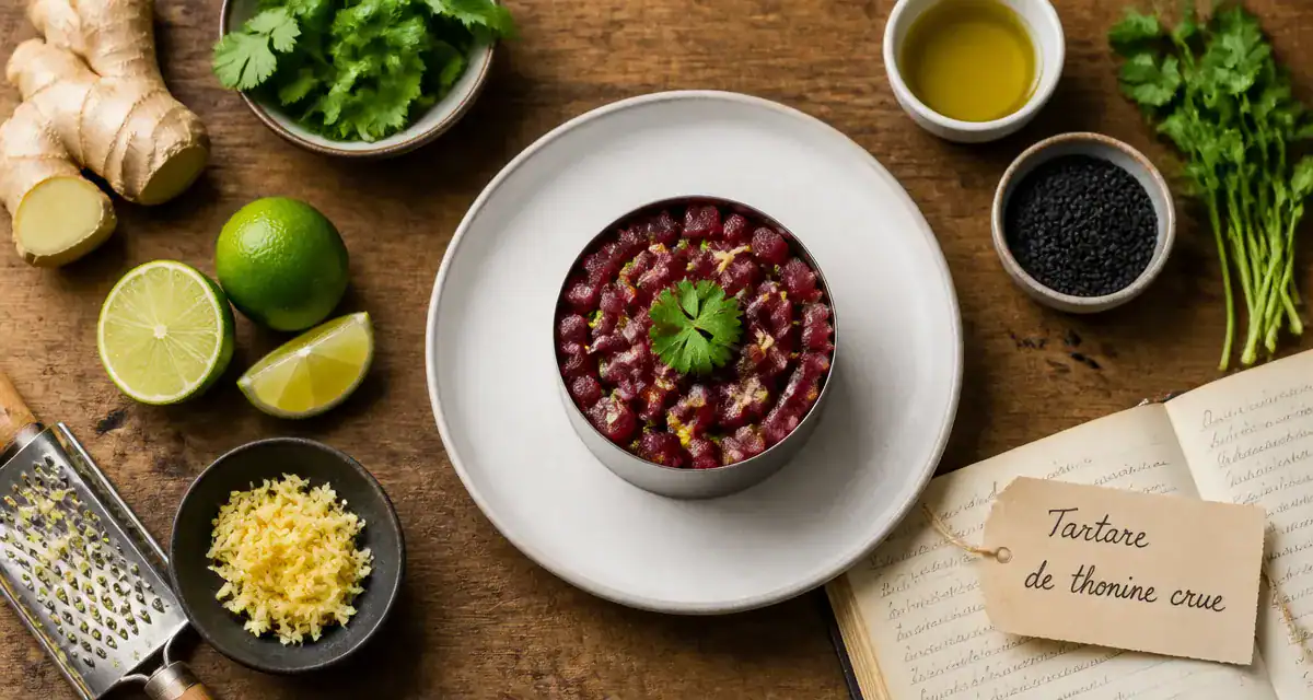 Tartare de thonine crue sur planche avec garnitures