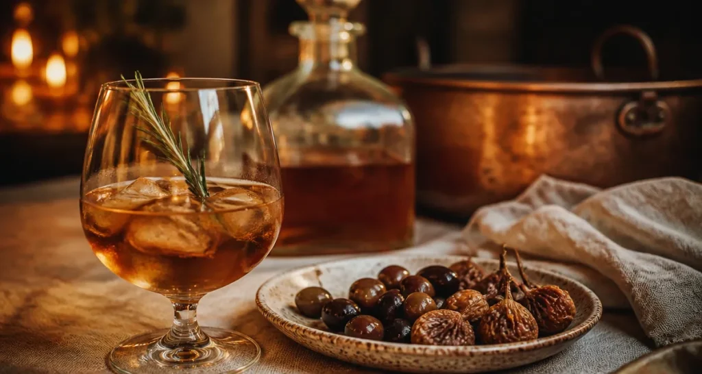 Vin cuit apéritif français au chaudron de cuivre, verre ambré et romarin