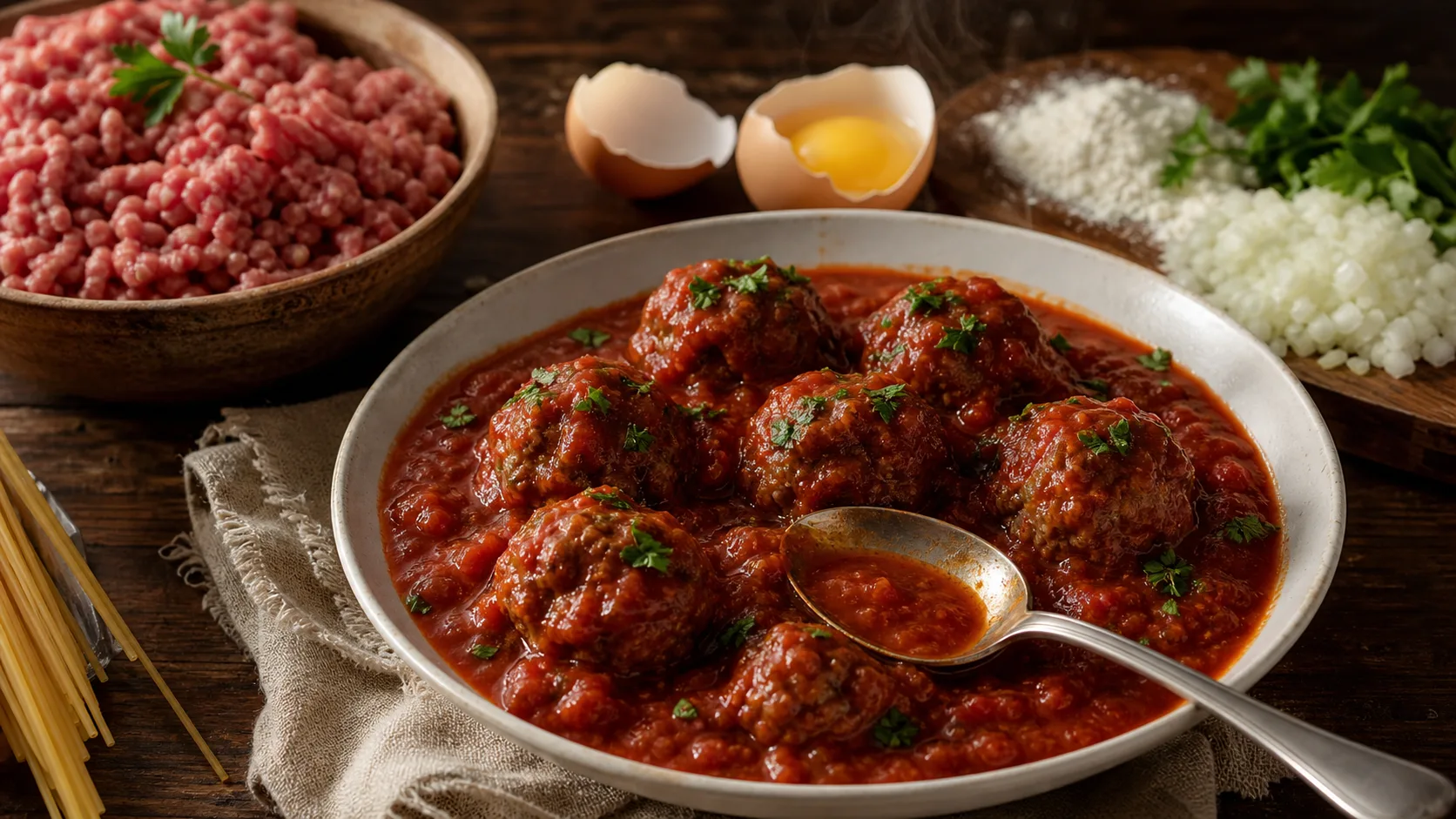 Boulettes de viande sauce tomate moelleuses, assiette fumante