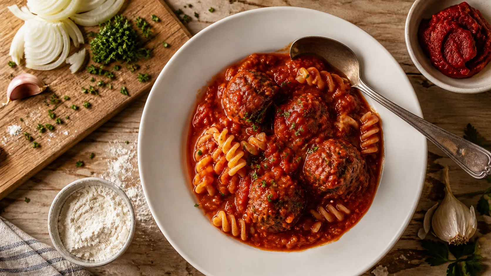 Boulettes de viande sauce tomate, moelleuses, dans une assiette